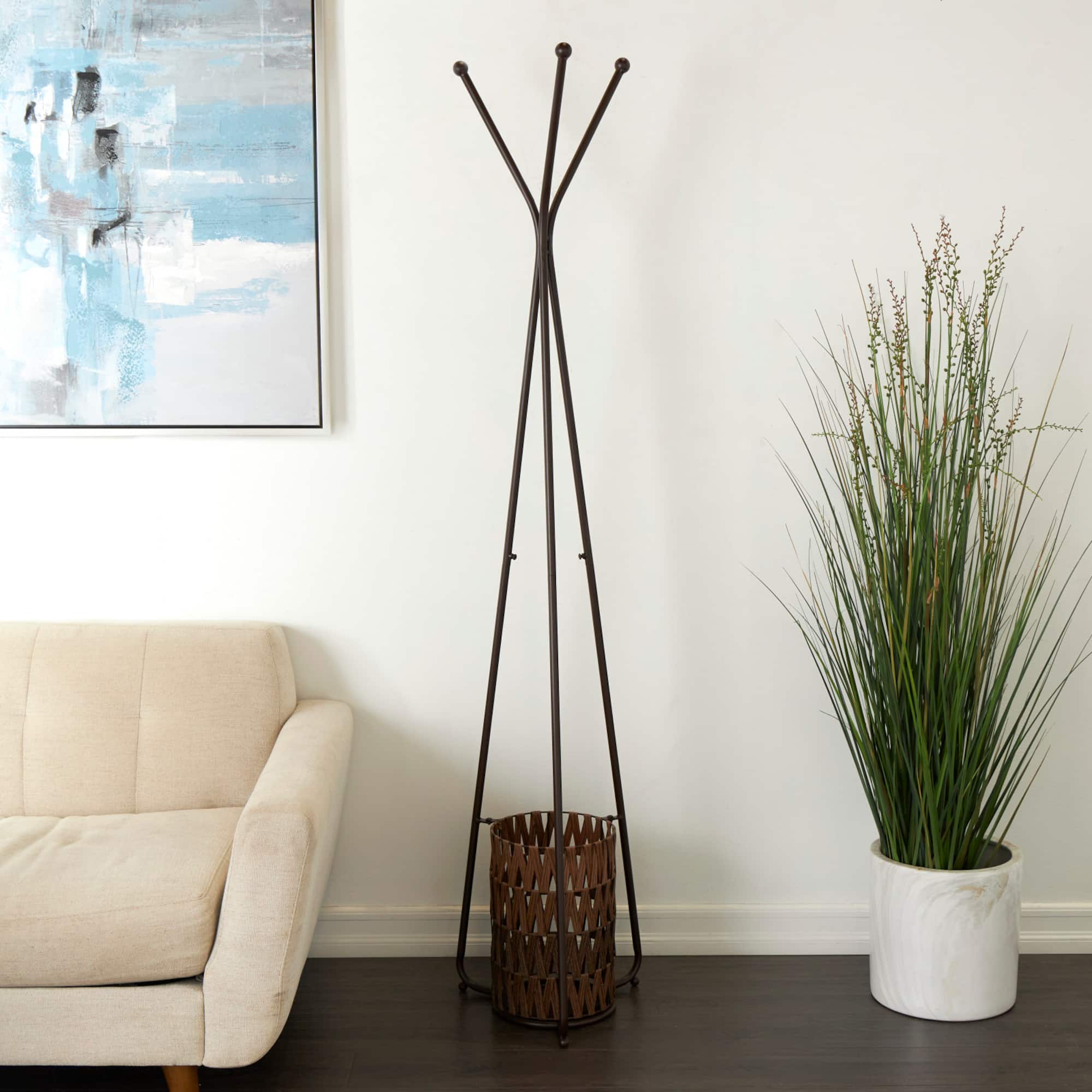 6ft. Brown Metal Geometric 3-Hanger Coat Rack with Basket